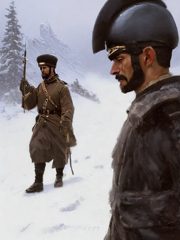 Image similar to an ultradetailed beautiful portrait painting of an greek era soldier marching in the snowy mountains, side view, oil painting, high resolution, by ilya kuvshinov, greg rutkowski and makoto shinkai