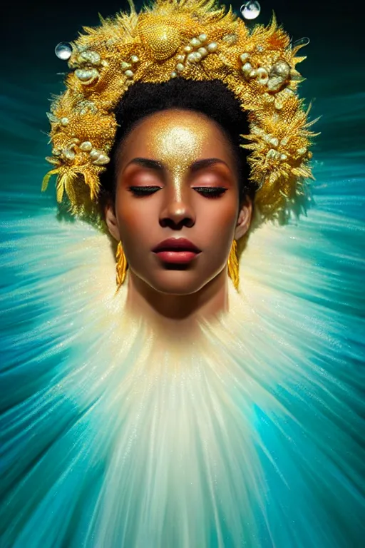 Prompt: hyperrealistic post - classical cinematic very beautiful! oshun goddess with white eyes & mouth, yoruba white body paint, mirror dripping droplet, gold flowers, highly detailed digital art masterpiece, smooth etienne sandorfi eric zener dramatic pearlescent soft teal light, ground angle uhd 8 k, sharp focus