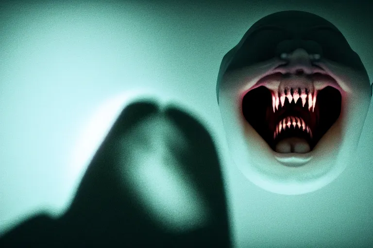 Image similar to A vile creature in the dark is illuminated by a flashlight, scary scene, top horrible creatures, horrible, horrors filmed on camera, fangs and drool, jaw and tongue, man is terrified, fear, darkness, basement, 8k, hyper-realistic, ray tracing, night, flashlight