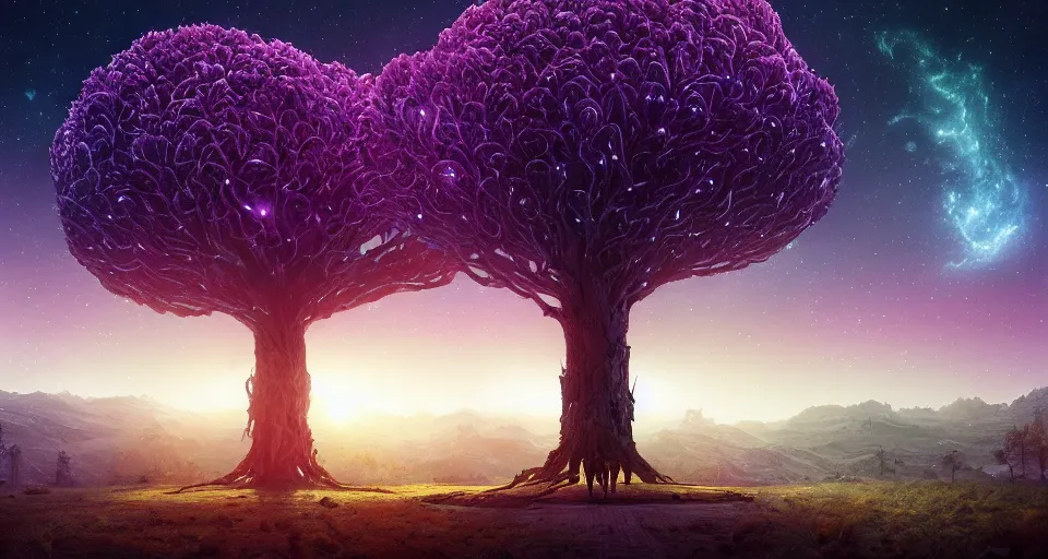 Image similar to cosmic tree of life made of stars, center composition, cinematic, rendered by simon stålenhag, rendered by Beeple, Makoto Shinkai, syd meade, environment concept, digital art, starwars, unreal engine, 3 point perspective, WLOP, trending on artstation, low level, 4K UHD image, octane render,