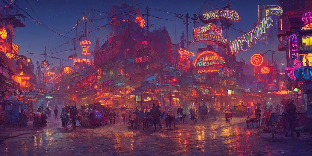 Prompt: A street-level view of a magical wild-west town at night with wooden buildings and colorful neon lights; beautiful dangerous detailed fantasy illustration by Simon Stålenhag and Thomas Kinkade and Greg Rutkowski, trending on artstation, 4k