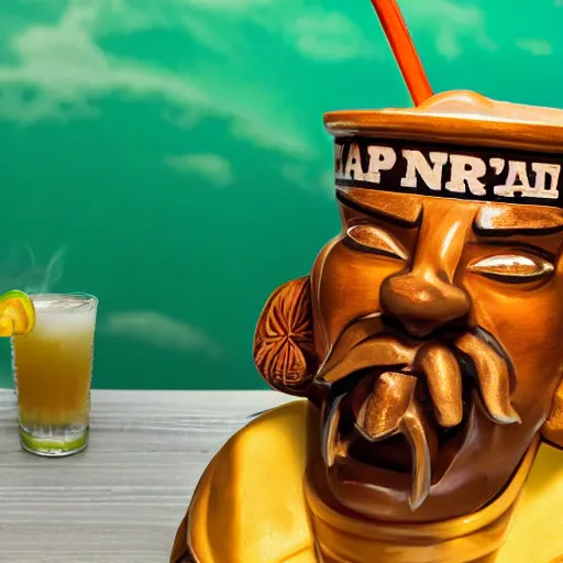 Image similar to a closeup photorealistic photograph of happy blunt smoking snoop dogg at trader vic's bar sitting next to a trader vic's style tiki mug featuring the face of snoop dogg. tiki culture. bright scene. 4 k hd image that's trending on artstation, featured on behance, well rendered, extra crisp, features epic composition and the style of unreal engine.