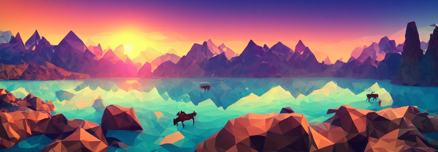 Image similar to super detailed color lowpoly art, northern sunset with rocks on front, lake in the middle of perspective and mountains at background, graphic reindeers in random points, unreal engine, retrowave color palette, 3d render, lowpoly, colorful, digital art