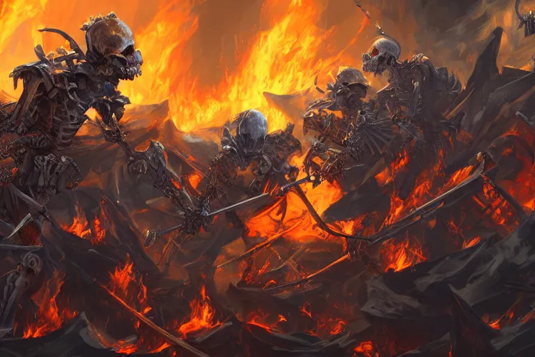 Image similar to skeleton knights spontaneously combusting, digital painting, mixed media, trending on artstation and deviantart, epic composition, centered, sharp focus, magnum opus, highly detailed, 8 k