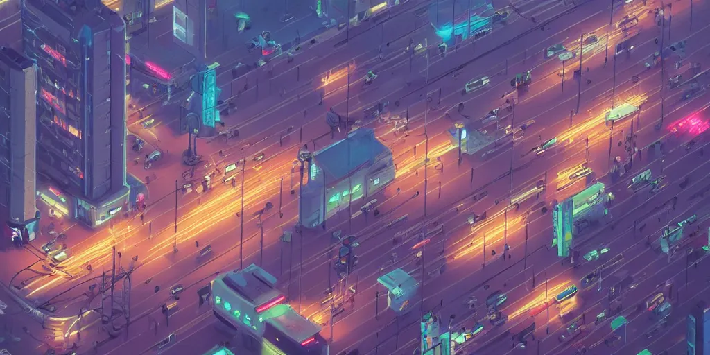 Image similar to city, building, cars, neon lights, night time, park, people, happy town, by Goro Fujita and Simon Stalenhag , 8k, trending on artstation, hyper detailed, cinematic