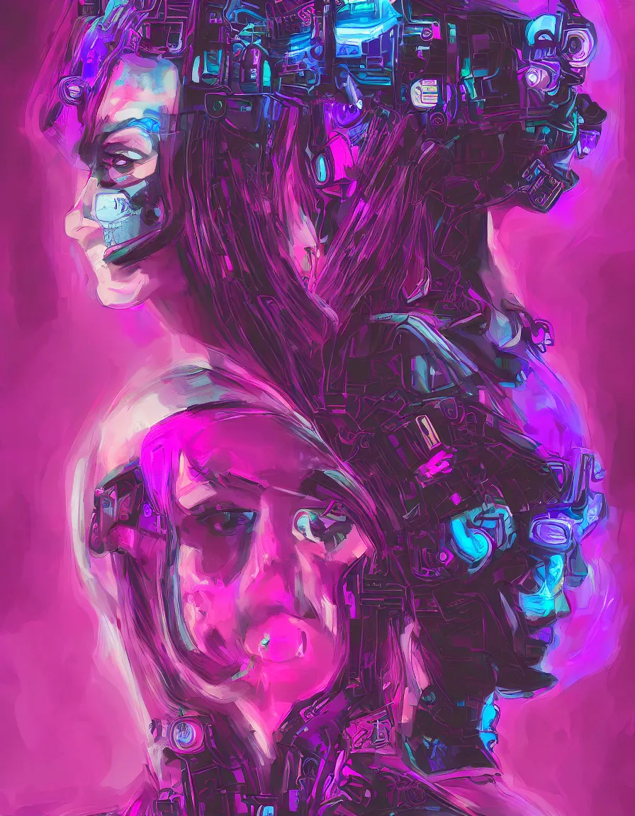 Prompt: lobotomy of a beautiful woman, a motherboard replacing her brain, cyberpunk retrowave, deviantart, digital painting