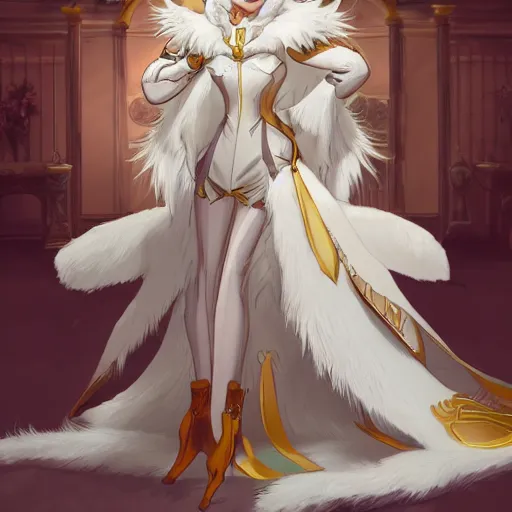 Image similar to full body shot of female anthro furry wolf princess fursona with white hair full wearing a white and gold dress in a white and gold palace, by Wlop and jerry park, artstation, detailed