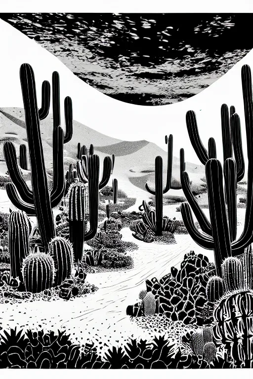 Image similar to art by brian reedy, a beautiful black ink linocut print of a desert with a few cacti here and there, 8 k, frostbite 3 engine, cryengine, dof, trending on artstation, digital art, crepuscular ray