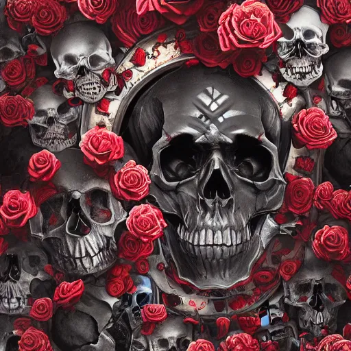 Image similar to skulls and roses, intricate artwork by Tooth Wu and wlop and beeple. octane render, trending on artstation, greg rutkowski very coherent symmetrical artwork. cinematic, hyper realism, high detail, octane render, 8k, red and black tones