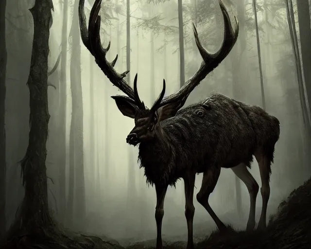 Image similar to 5 5 mm portrait photo of an armored demonic undead deer with antlers, in a magical forest looking at the camera. dark atmosphere. art by greg rutkowski and luis royo. highly detailed 8 k. intricate. lifelike. soft light. nikon d 8 5 0.