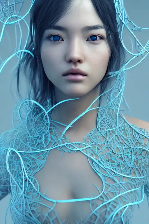 Image similar to intricate highly detailed face portrait of asian - european woman, light blue water vines on her face, intricate, cgsociety, unreal engine, octane render, sharp focus, smooth, volumetric lighting, cinematic composition, artstation