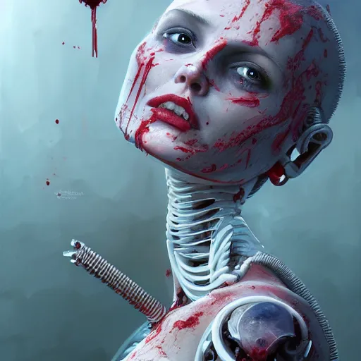 Prompt: A beautiful detailed painting of Dolores Abernathy bathing in blood, robot revolution, apocalypse, highly detailed, digital painting, artstation, cgscoiety, cinematic, intricate, smooth, sharp focus, illustration, Unreal Engine 5, concept art, 8K, art by Westworld and Esao Andrews.