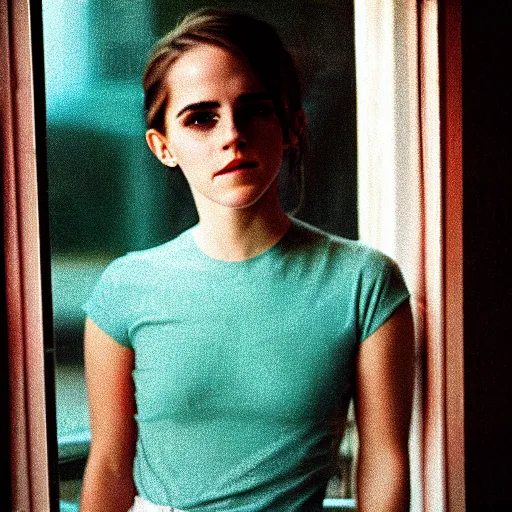 Prompt: Photograph of Emma Watson holding a 40 oz of malt liquor by the window. Golden hour, dramatic lighting. Medium shot. CineStill