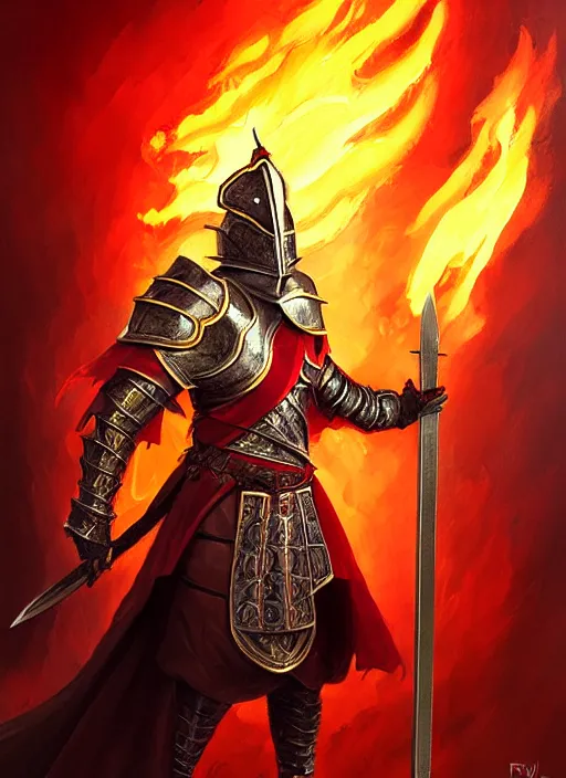 Image similar to a _ fantasy _ style _ portrait _ painting _ of knight with red plume, gold sword and big shield, fire background, firey environment, oil _ painting _ unreal _ 5 _ daz. _ rpg _ portrait _ extremely _ detailed _ artgerm _ greg _ rutkowski _ greg