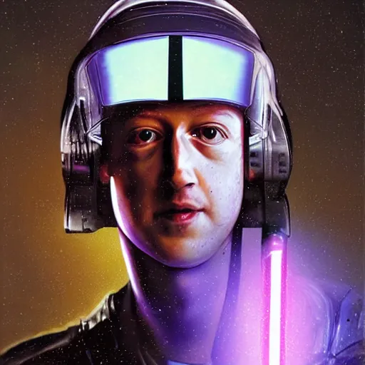 Image similar to Cyberpunk Mark Zuckerberg as a long haired medieval pilot wearing a transparent helmet while holding a purple lightsaber inside a medieval spaceship, by Diego Velázquez