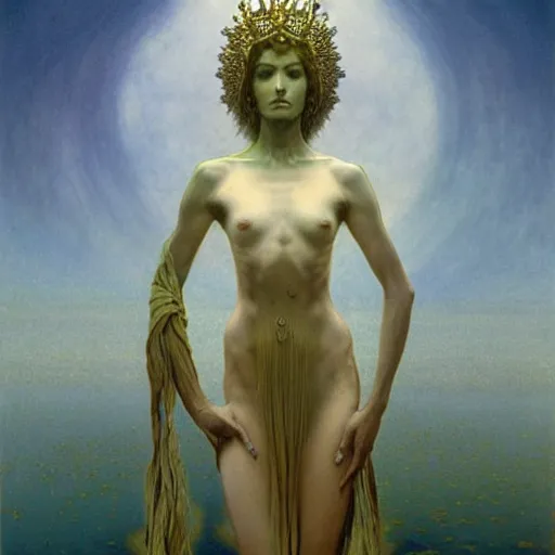 Image similar to queen of jupiter by zdzisław beksinski and alphonse mucha. highly detailed, hyper - real, beautiful