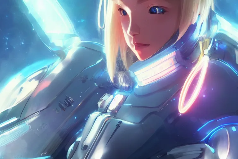 Prompt: blue eyed blonde anime girls in futuristic spacesuit, volumetric lighting, glowing lights, 4k, octane, digital painting, artstation, concept art, sharp focus, illustration, art by artgerm and greg rutkowski and alphonse mucha