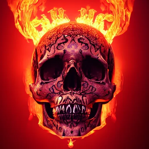 Prompt: a highly detailed human skull with intricate designs on fire in front of a glowing red background, 3 d, fire through eyes, octane render, symmetrical, hyper realism, highly detailed, digital art, artstation, concept art, cinematic lighting, strong bokeh, trending