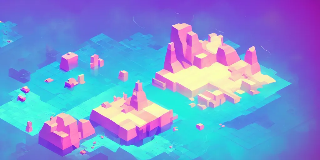 Image similar to isometric videogame screenshot, seperate floating islands, neon, space background, blocks, axure tones, ocean, clouds, mountains, plastic sheen, lensflare, sparkles, glow, shine