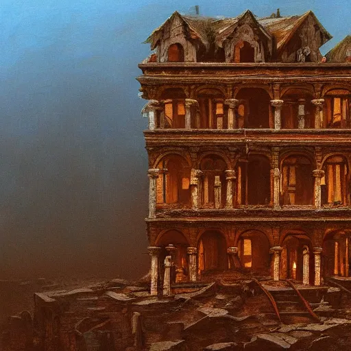 Image similar to a old victorian town ruin, made of bones and flesh, 4 k, trending on artstation, oil painting, beksinski