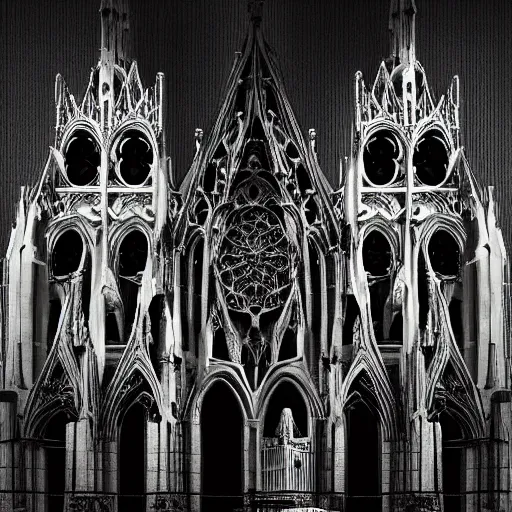 Prompt: gothic cathedral made of human skulls. fantasy art, 8 k, sfw