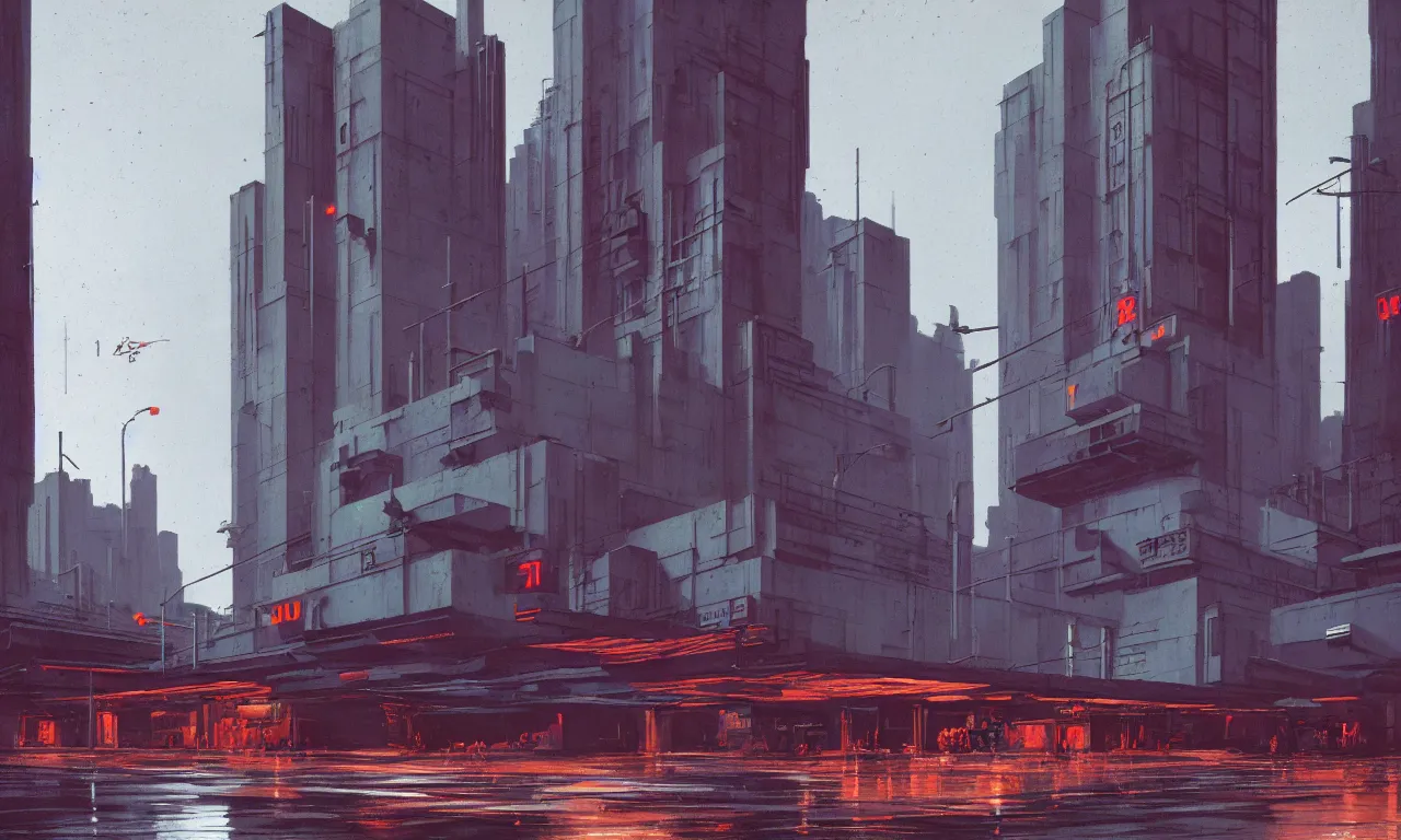 Image similar to streetscape, brutalist buildings, metal, concrete, wet streets, neon lights, neon signs, vehicles, pedestrians, syd mead, ralph mcquarrie, doug chiang, concept art, matte painting, finely detailed, minimal artifacts, rule of thirds, dynamic lighting, cinematic, denoised, centered, artstation