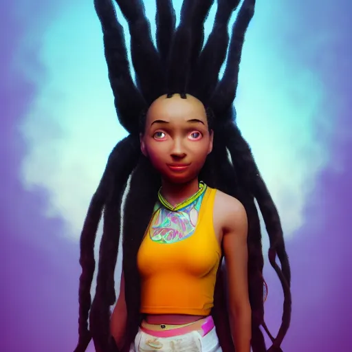 Image similar to Girl with dreadlocks, Disney's Encanto style, trending on artstation, ludicrous lighting, volumetric lighting, concept art, 4k, 8k, trending on artstation.