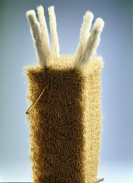 Image similar to realistic photo of a a medieval brushwood and straw archeology scientific equipment device made of brushwood, with white fluffy fur, by dieter rams 1 9 9 0, life magazine reportage photo, natural colors, metropolitan museum collection