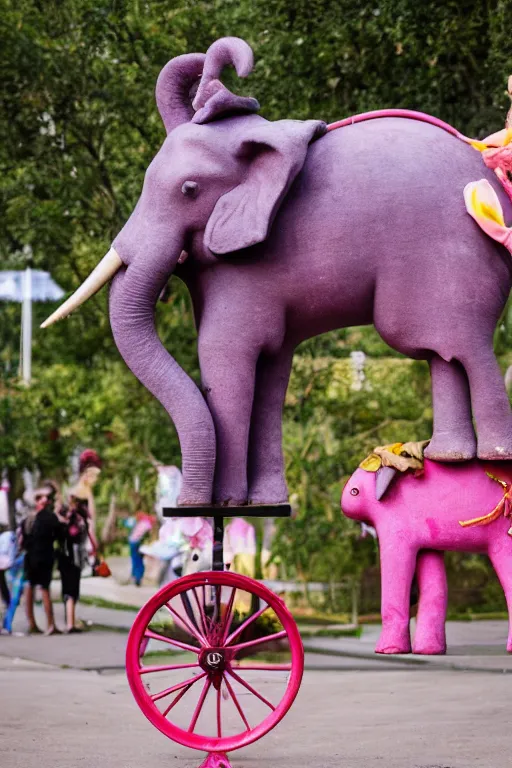 Prompt: a pink elephant riding a unicycle at the cosmic circus