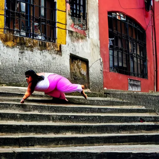 Prompt: a fat Indian woman falling down steps in Porto