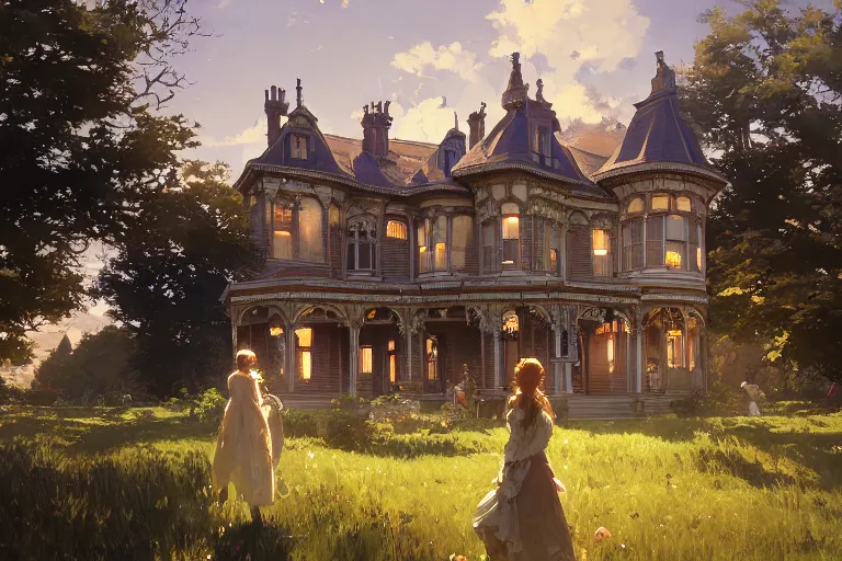 Image similar to an ornate victorian house, party inside, scene in an open field. 1 8 9 0, key visual, conceptart, ambient lighting, highly detailed, digital painting, artstation, concept art, sharp focus, by makoto shinkai and akihiko yoshida and greg manchess