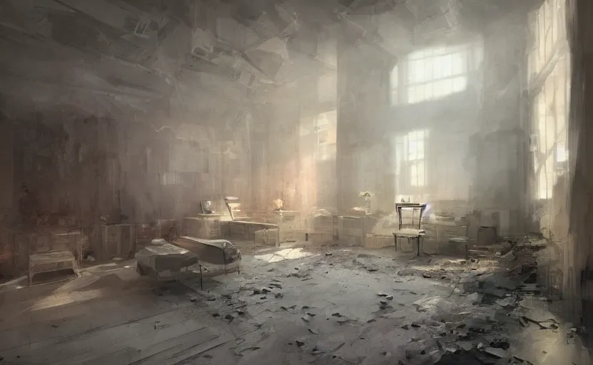 Image similar to Abandoned hospital room, intricate, elegant, volumetric lighting, digital painting, highly detailed, artstation, sharp focus, illustration, concept art, ruan jia, steve mccurry