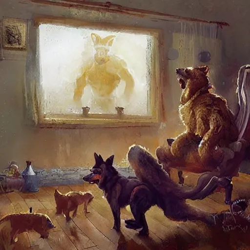 Image similar to a humanoid german shepherd beast - man, sitting and watching a soccer match in his house on television, he has hurt his knee and is a dad, by erin hanson, alexi zaitsev, karl spitzweg, award winning, tv set