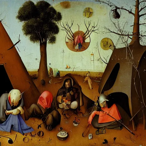 Image similar to homeless alchemist camp in the australian bush, hieronymus bosch