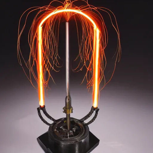 Image similar to a tesla coil device, electricity plasma arching, antique