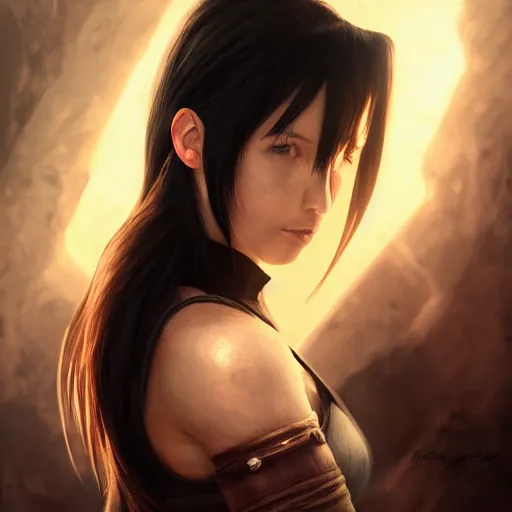 Image similar to Tifa Lockhart portrait, atmospheric lighting, painted, intricate, volumetric lighting, beautiful, rich deep colors masterpiece, golden hour, sharp focus, ultra detailed, by Leesha Hannigan, Ross Tran, Thierry Doizon, Kai Carpenter,Ignacio Fernández Ríos