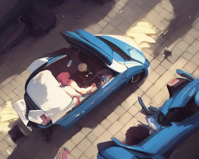 Image similar to a brunnete girl with blue eyes and puffy cheeks lying in a car accident, long shot from the top, anime art, Greg Rutkowski, studio ghibli, dramatic lighting