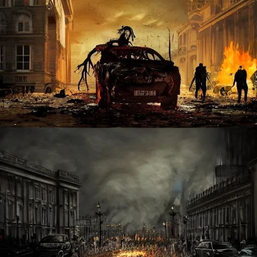 Prompt: a wide shot concept art of a zombie apocalypse in london town outside buckingham palace, 1 0 0's of zombies, smoke, fire, apocalyptic style image, smashed up cars, dead body's on the ground, blood, hyper detailed, illustration, digital art, featured on artstation, award winning image, unreal engine 7 render, 8 k, masterpeice