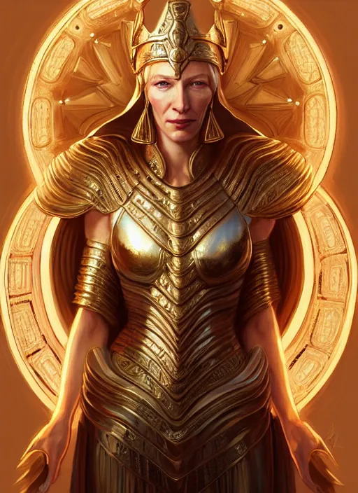 Image similar to cate blanchett as goddess athena, intricate, elegant, glowing lights, highly detailed, digital painting, artstation, glamor pose, concept art, smooth, sharp focus, illustration, art by artgerm and greg rutkowski, artey freytag