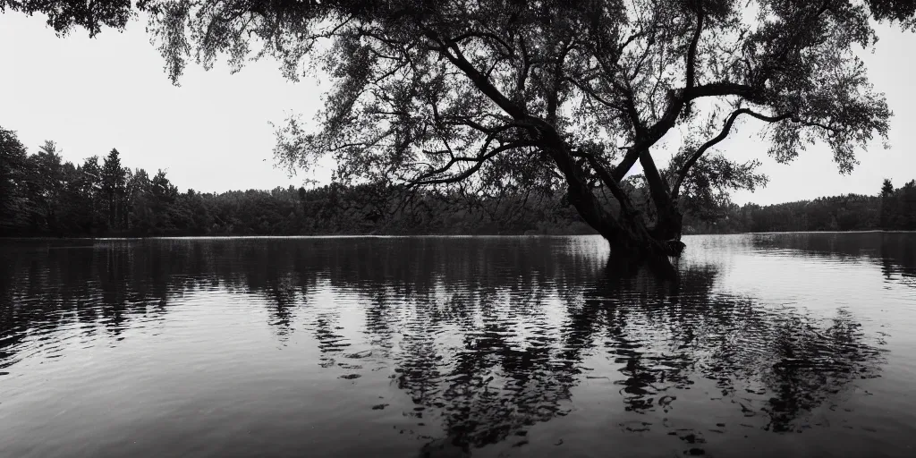 Prompt: symmetrical photograph of an infinitely long rope floating on the surface of the water, the rope is snaking from the foreground stretching out towards the center of the lake, a dark lake on a cloudy day, trees in the background, anamorphic lens directed by charlie kaufman