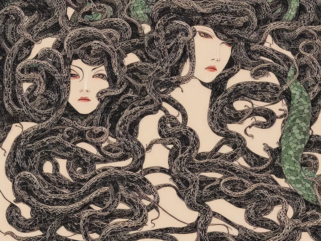 Image similar to medusa, cool face, snakes, super revolution, digital art by takato yamamoto