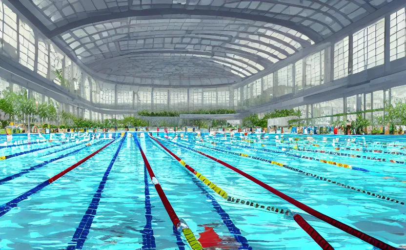 Prompt: huge olympic swimming pool with bay window, architecture, highly detailed, digital painting, artstation, concept art, sharp focus, illustration