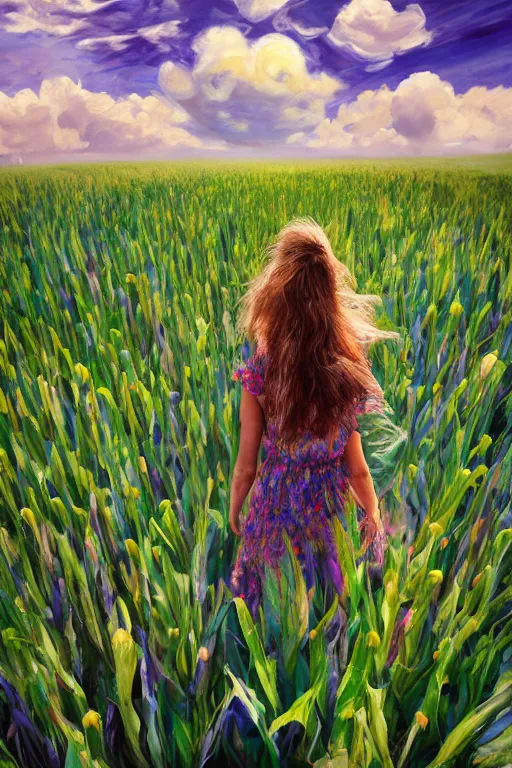 Image similar to giant corn flower head, girl walking in a flower field, surreal photography, dead body, dramatic light, impressionist painting, colorful clouds, digital painting, walter white, uncanny valley