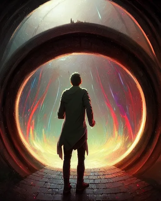 Image similar to back view of a man walking through an interdimensional warp gate | a magical round gate | dreamy | ethereal | digital art by greg rutkowski and dan mumford | highly detailed | trending on artstationhq