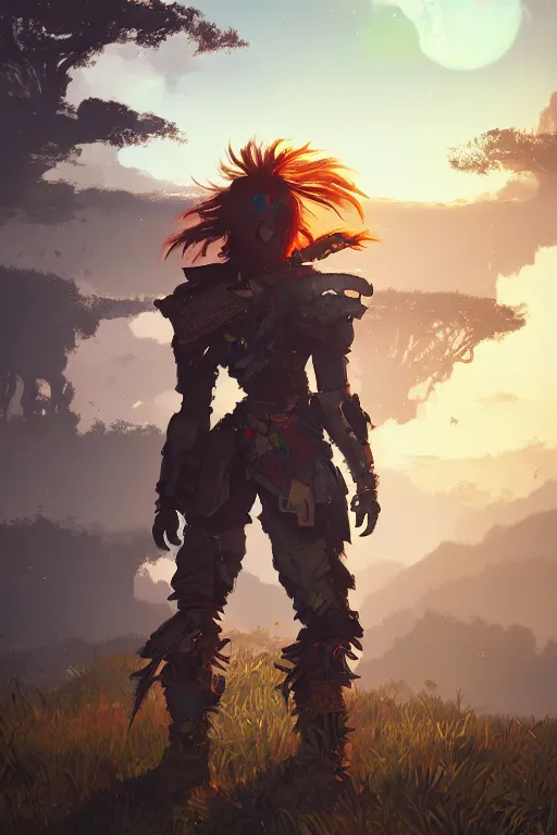 Image similar to combination suit armor aloy horizon forbidden west horizon zero dawn radiating a glowing aura global illumination ray tracing hdr fanart arstation by ian pesty and alena aenami artworks in 4 k tribal robot ninja mask helmet backpack