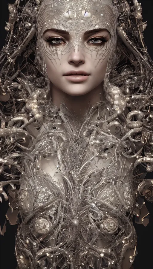 Image similar to full body detailed, ethereal, biomechanical, covered in diamonds and other gems glowing, highly detailed face, elegant posed, intricate, extremy detailed, beeple, cgsociety, 3 d unreal engine octane render. cinematic lighting, highly detailed 4 k art