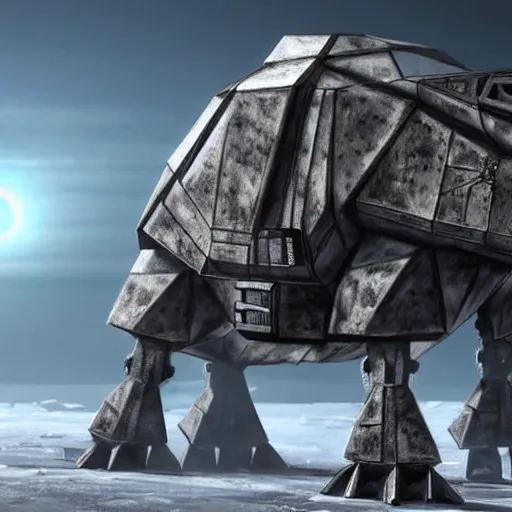 Image similar to a fusion between the tarrasque and an AT-AT, flat grey color, completely metal, gun turrets on shoulders, walking across ice planet, hyper-realistic CG