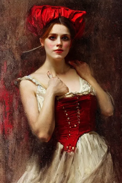 Image similar to Solomon Joseph Solomon and Richard Schmid and Jeremy Lipking victorian genre painting full length portrait painting of a young beautiful woman traditional german french pirate wench in fantasy costume, red background