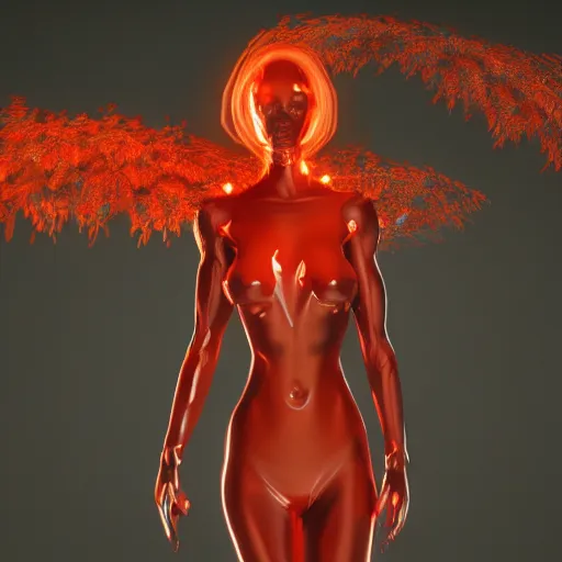 Prompt: a highly detailed digital image of a futuristic woman elegantly wrapped with fiery red leaves, by Andrea Chiampo, artstation and Frederik Heyman, extremely detailed woman, stunning volumetric lighting, hyper realism, fantasy 4k