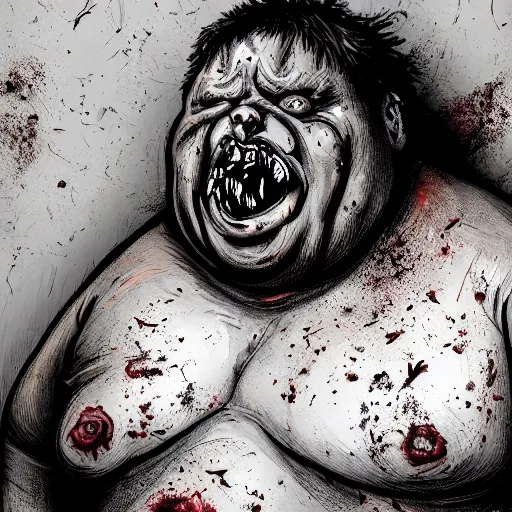 Image similar to angry extremely fat obese giant boated rotting zombie, full body portrait, with clothese, horror core, apocalyptic, feeling of grimdark, sharp focus, fiction, hyper detailed, digital art, trending in artstation, cinematic lighting, studio quality, smooth render, unreal engine 5 rendered, octane rendered, art style and nixeu and wlop and krenz cushart